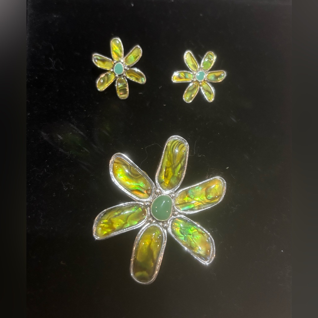 Flower Abalone Look Earrings & Brooch Pendant Pin New Silver Tone